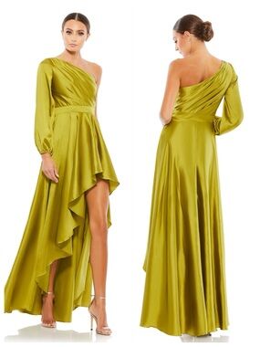 Mac Duggal | 49141 | Chartreuse Green High Low One Shoulder Flowy Gown | 0 | NWT